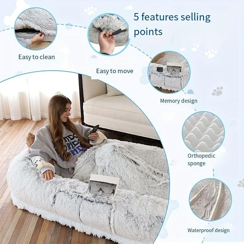 Oval-Shaped Plush Dog and Human Bed Gray Non-Slip Washable Cozy Sofa