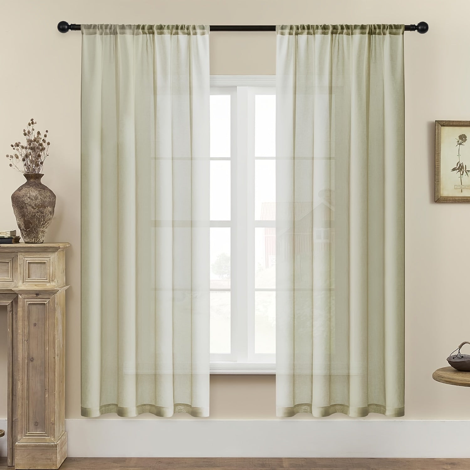 Juego de 2 cortinas de cocina semi-translúcidas con textura de lino blancas para cafetería, sala de estar y dormitorio