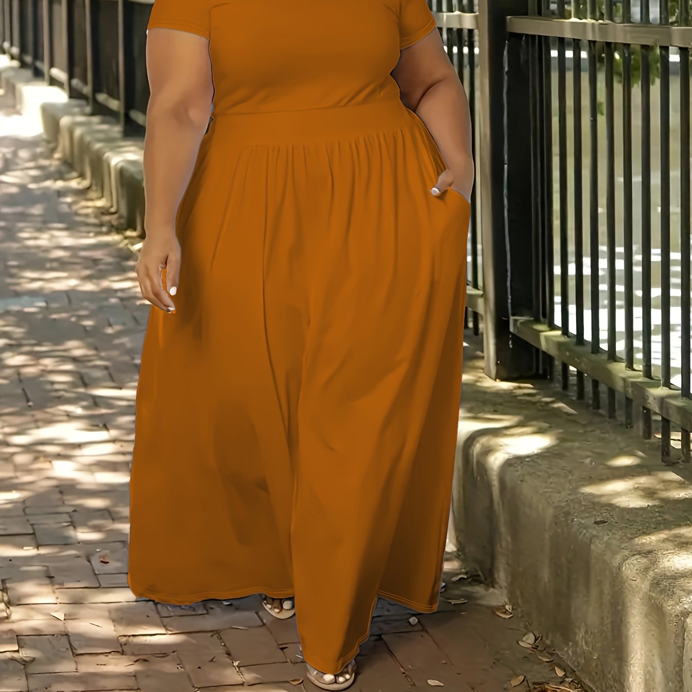 Plus Size Solid Maxi Dress with Short Sleeves, Medium Stretch, Crew Neck