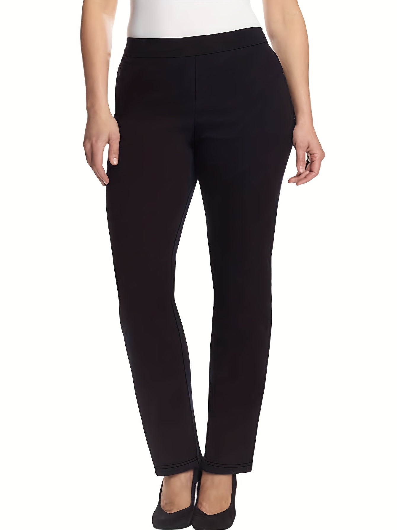 Plus Size Straight Leg Pants Polyester Knit Solid Color Spring Fall