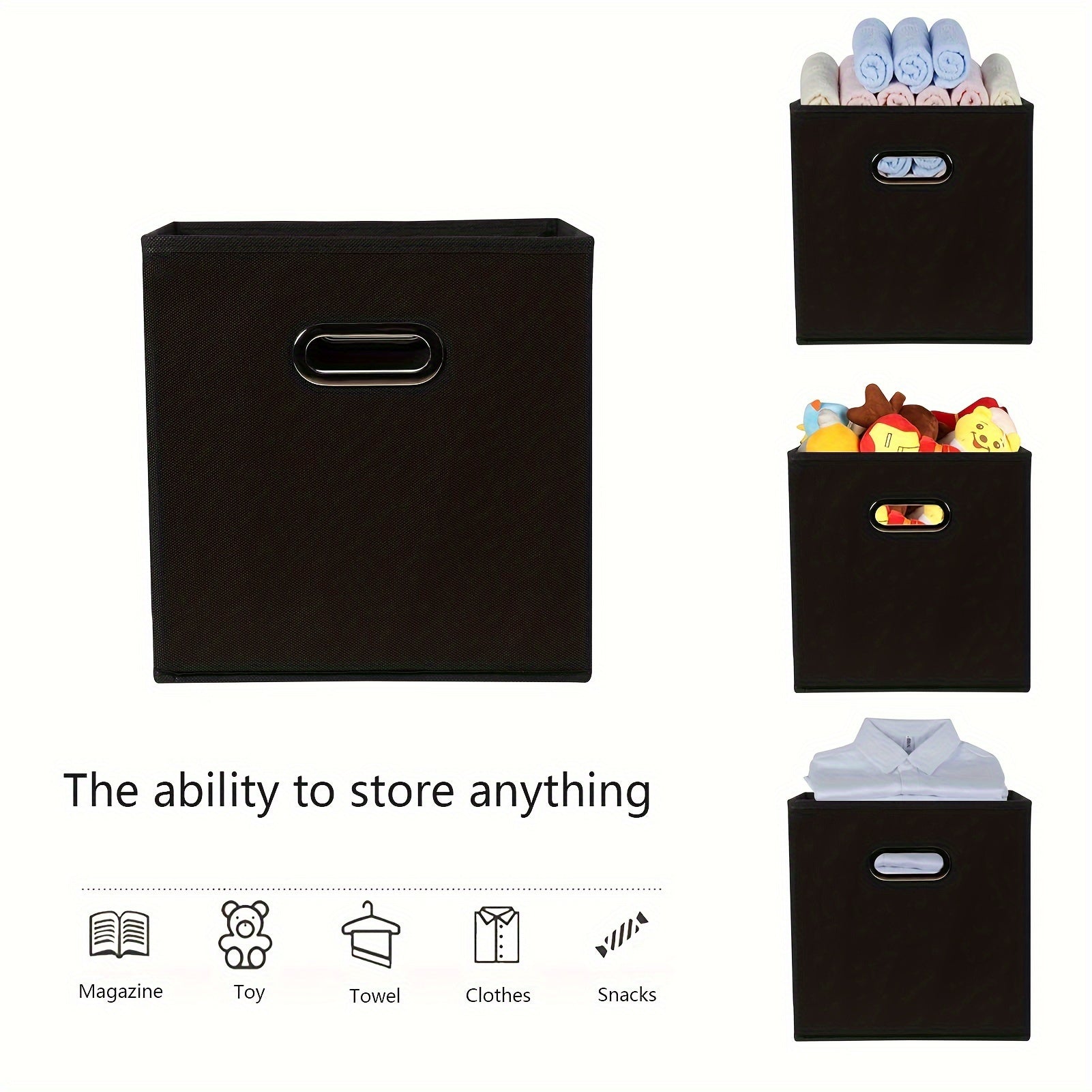 Juego de 6 cestas de tela plegables con asas en diseño de cubo en negro, azul y crema