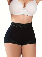 Plus-Size Shaping Shorts with Lace Trim Tummy Control High Waist Floral Pattern Breathable Nylon Elastane