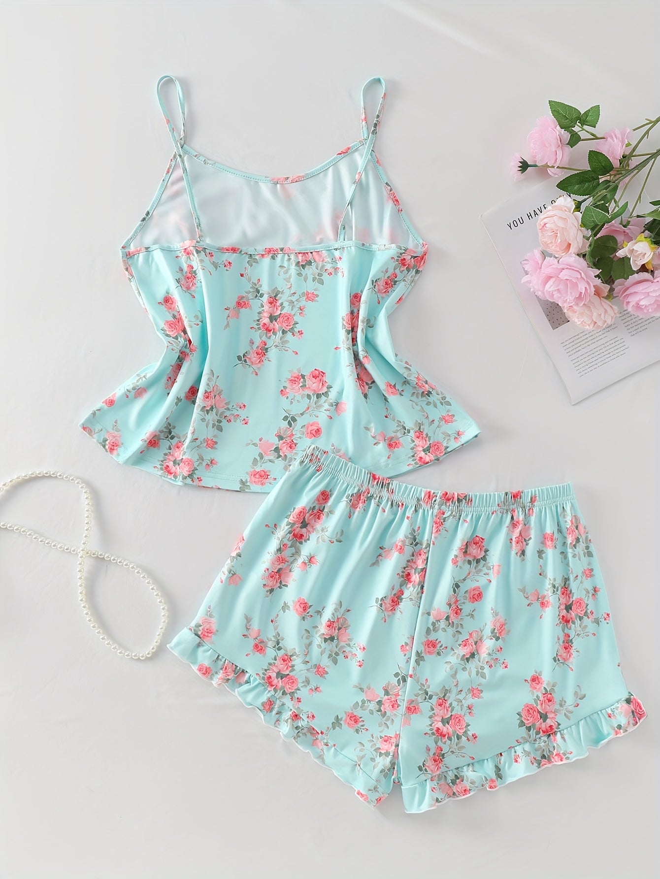 Conjunto de pijama floral para mujer, suave poliéster, blusa con lazo y pantalones cortos para dormir