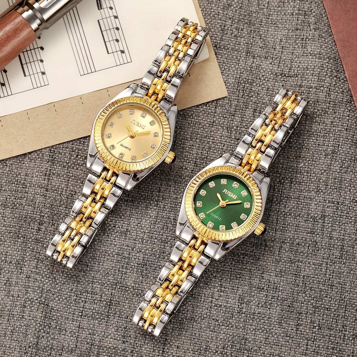 Ladies' Quartz Watch with Aurora Shell Dial Crystal Hour Markers Two-Tone Zinc Alloy Band