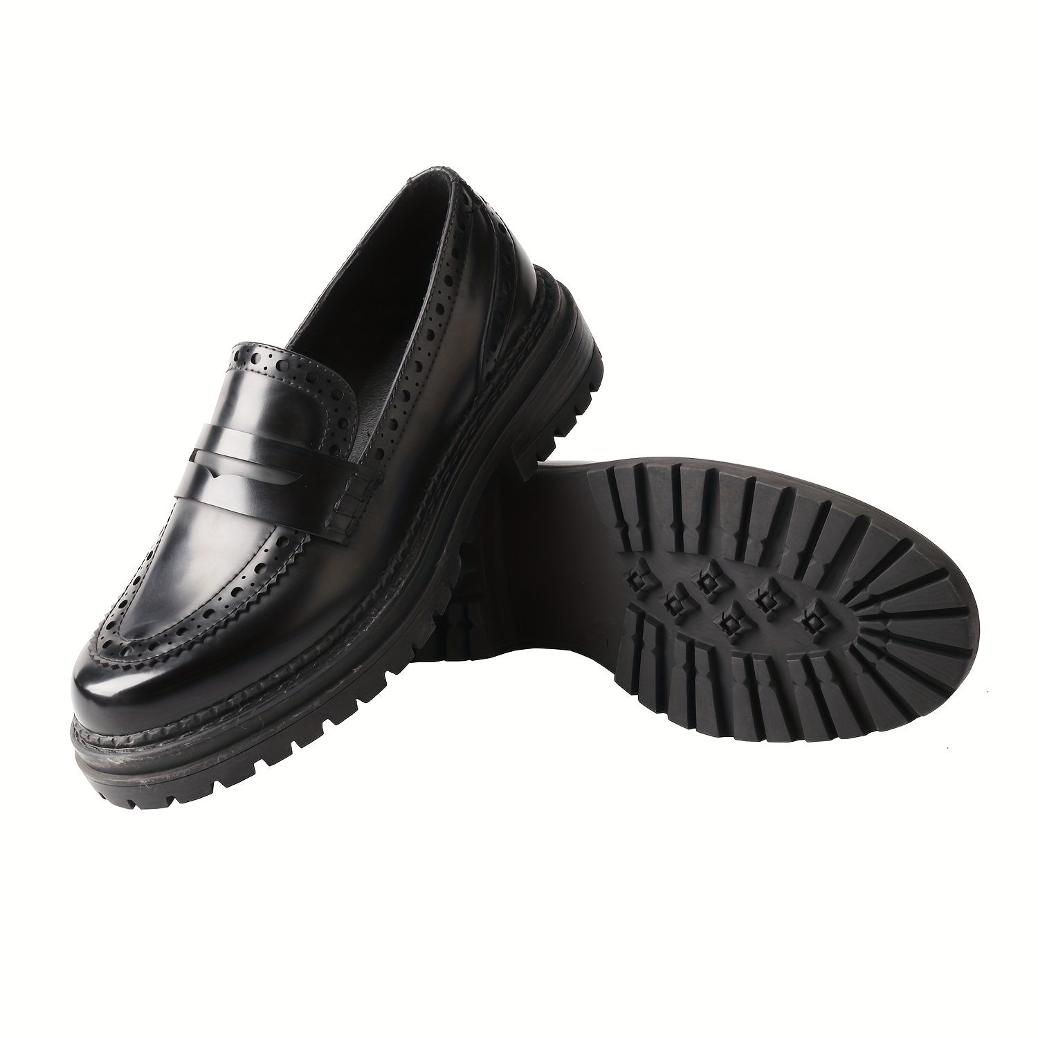 Women's Microfiber Leather Penny Loafers Thick Sole Coarse Heel Black