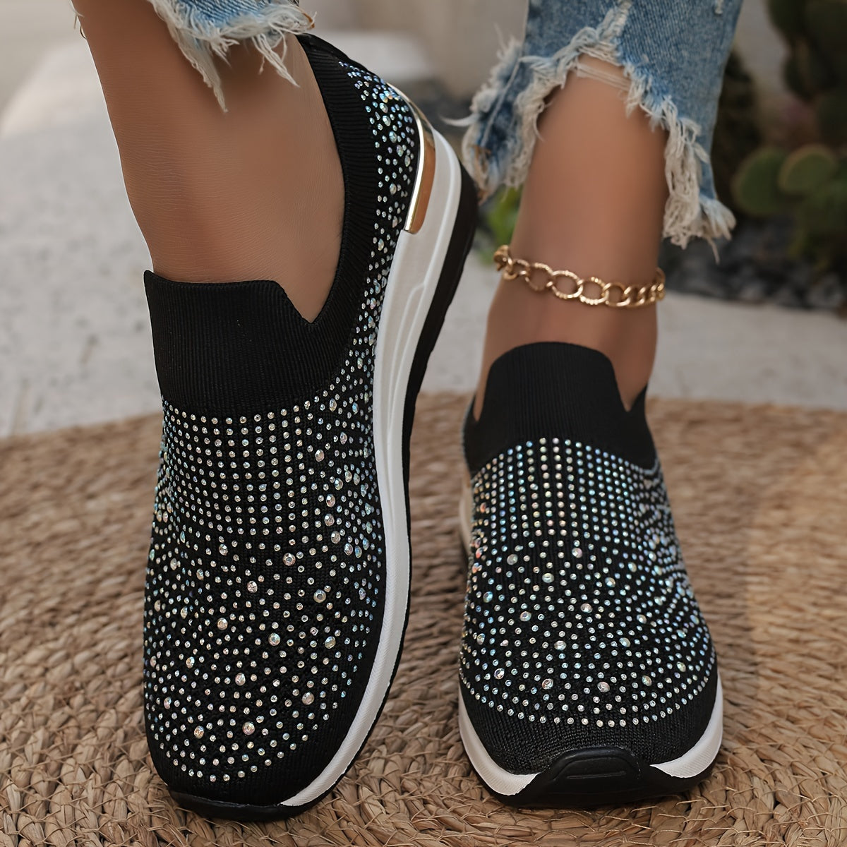 Women's Rhinestone Decor Platform Sneakers Casual Slip-On Outdoor Shoes