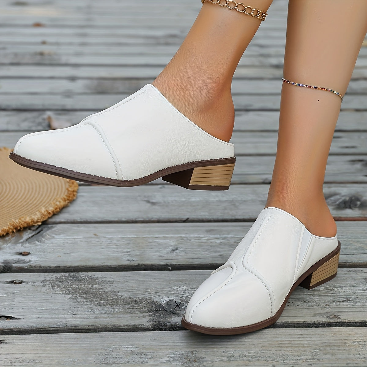 Women's Faux Leather Retro Pointed Toe Mule Shoes with Chunky Heels