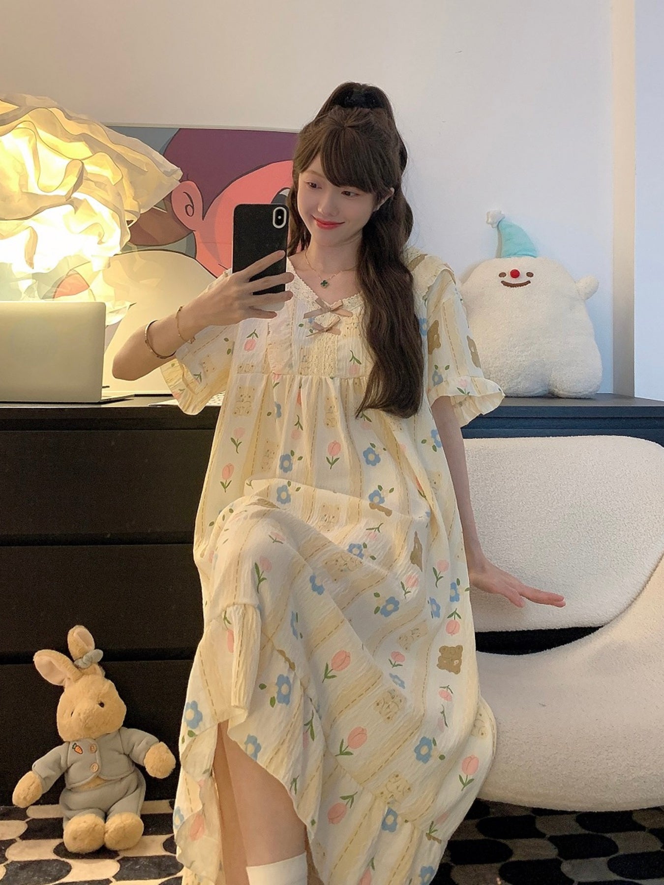 Plus Size Slit-Fit Nightgown with V-Neck Cotton Pajama with Bear Print