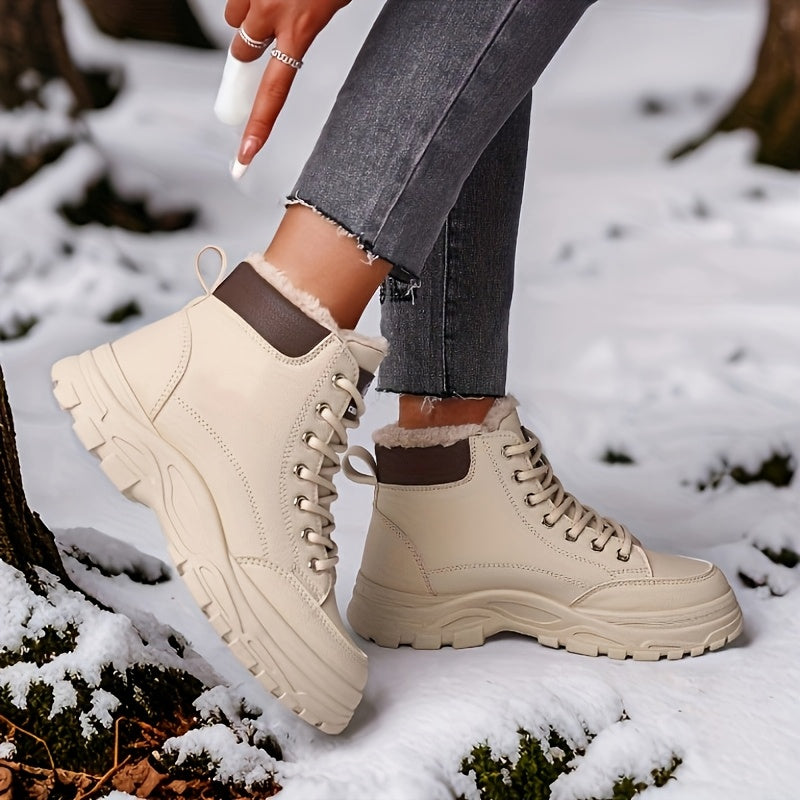 Women's Snow Boots Thick Sole High-Top Warm Leather Lace-Up White