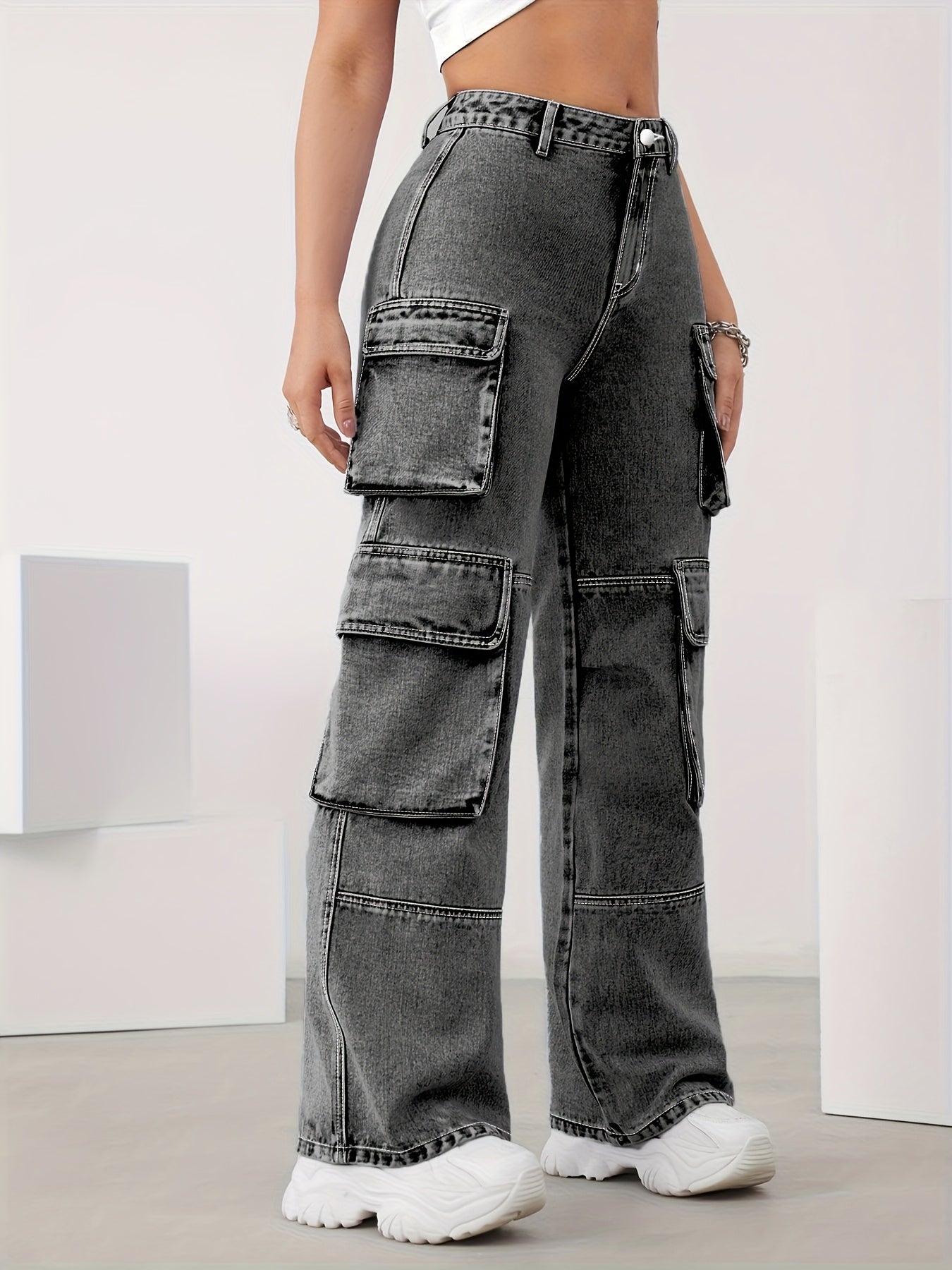Plus Size Cargo Jeans Women High Waist Wide Leg Denim Spring Summer
