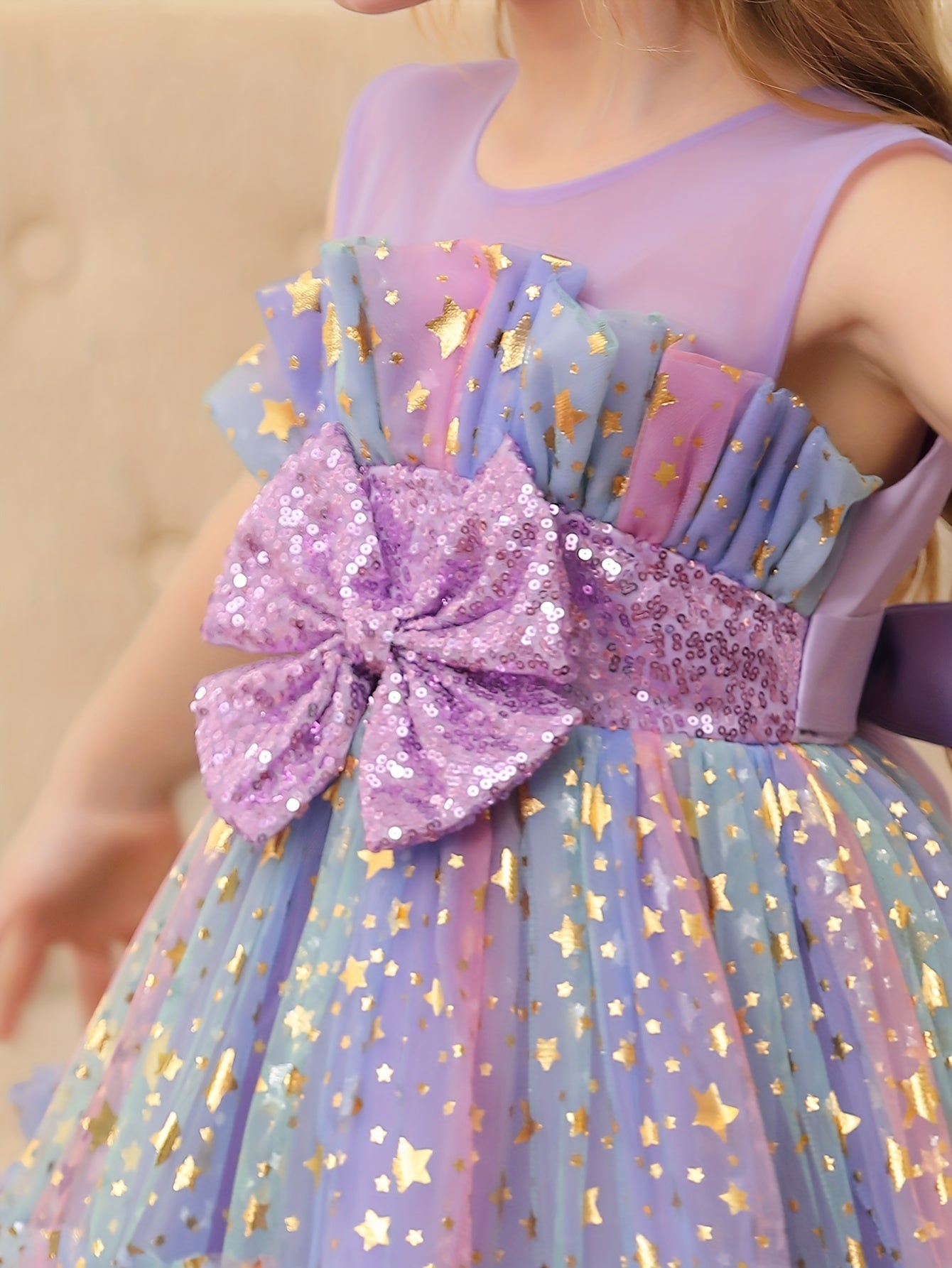 Girls Sequin Starry Sky Mesh Princess Dress with Bow for Birthday Parties