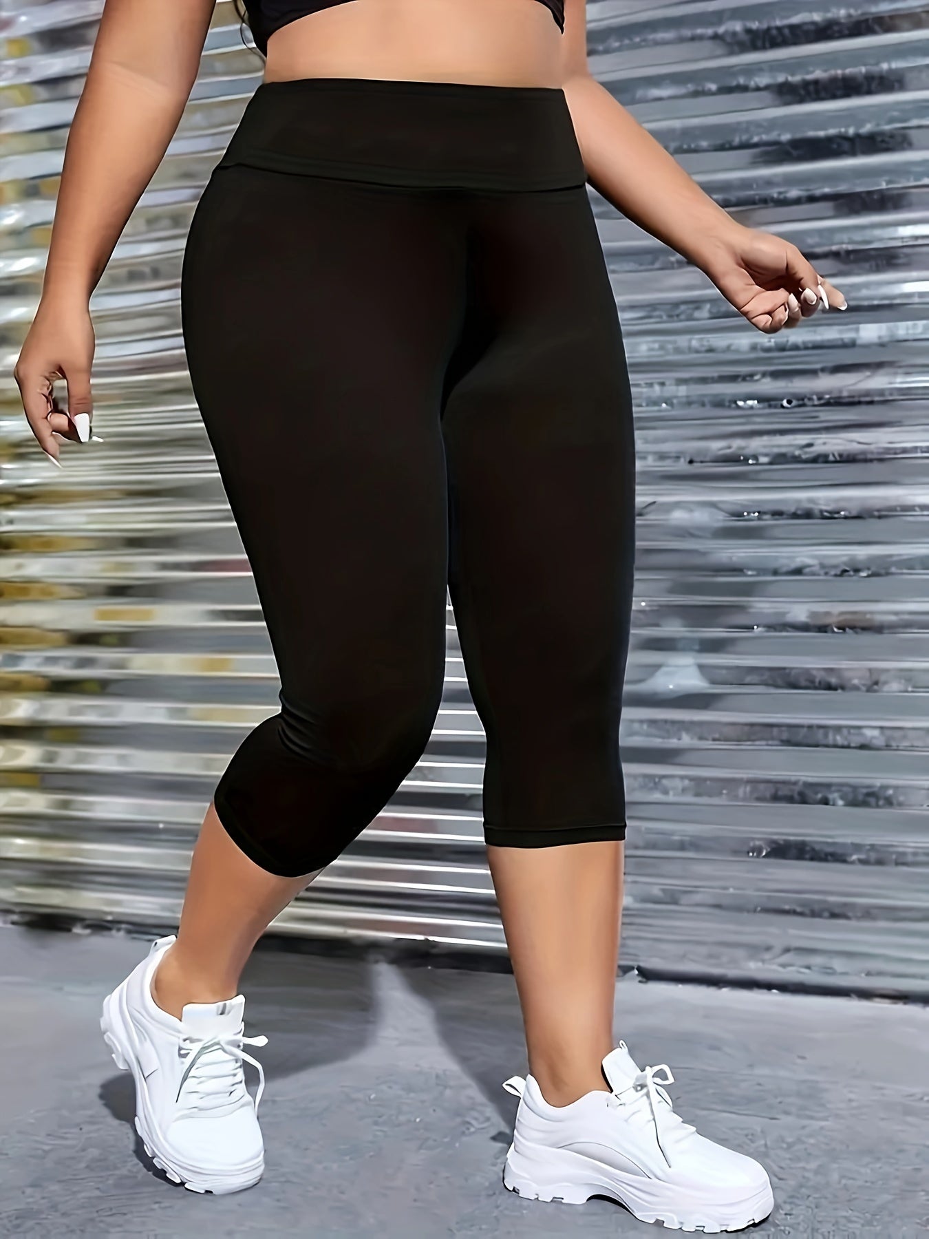 Plus Size Women's Solid Skinny Capri Leggings Casual Stretchy Pants