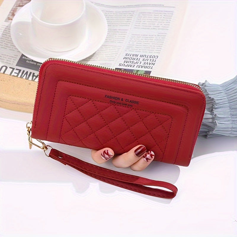 Women's Quilted Faux Leather Clutch Wallet with Wristlet in Red Black Burgundy
