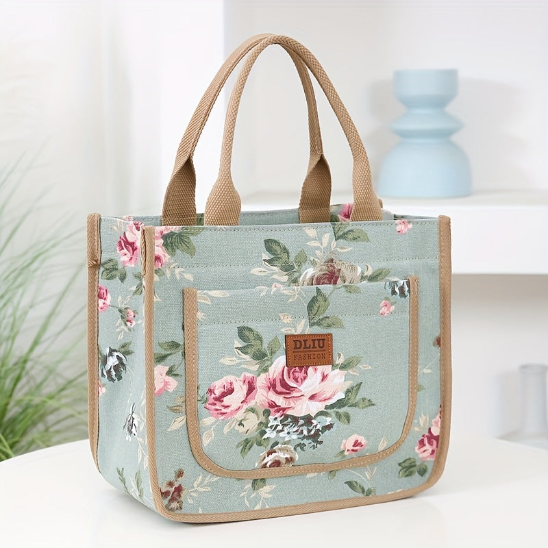 Floral Print Canvas Tote Bag with Zipper Closure and Fixed Shoulder Straps for Daily Commute Black Beige Green
