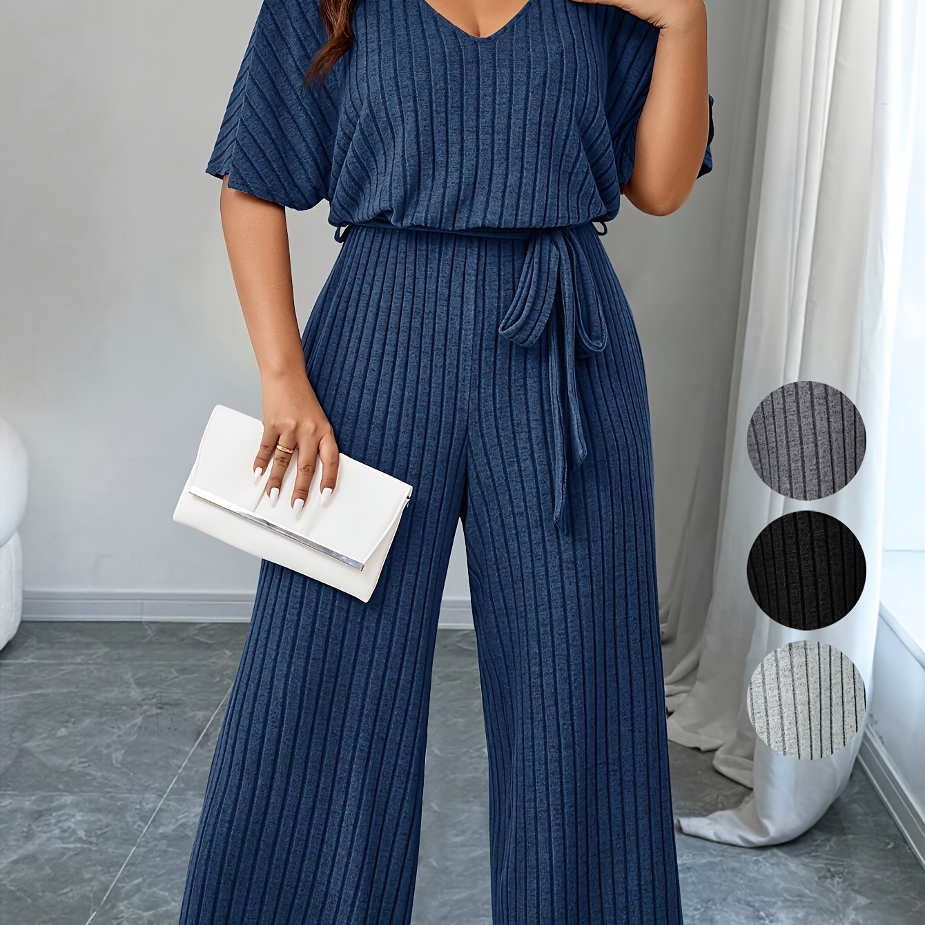 Plus Size Ribbed Wide Leg Jumpsuit Casual Belted Short Sleeve V Neck