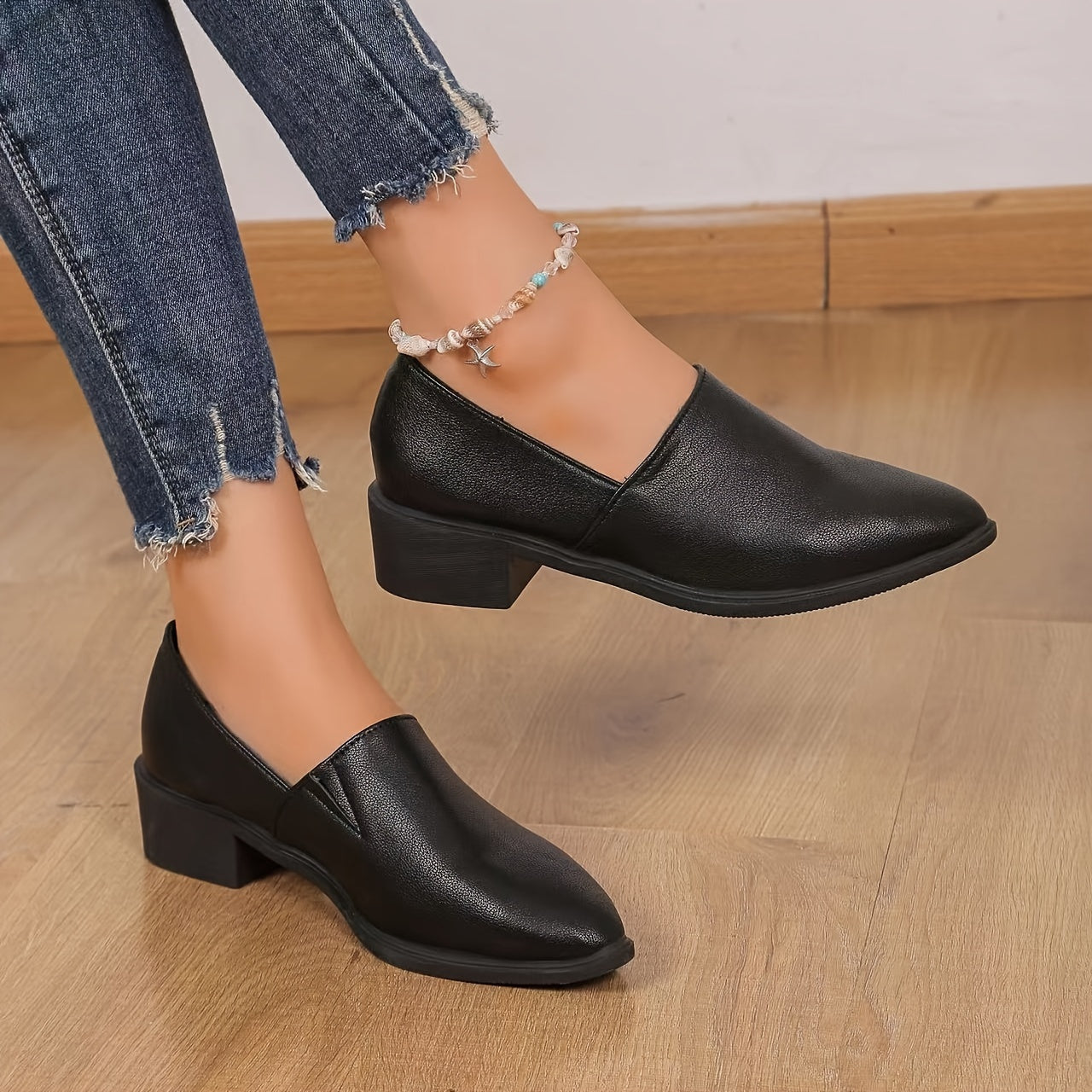 Women's Apricot Faux Leather Pointed Toe Loafers with Chunky Heel