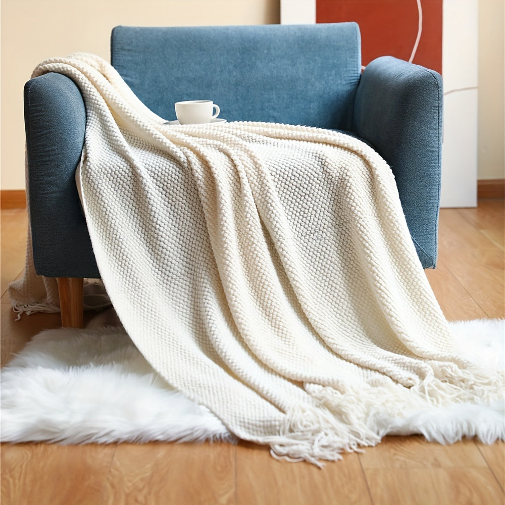 Knit Throw Blanket with Tassels Lightweight Acrylic Bubble Texture for Couch Bed Decor