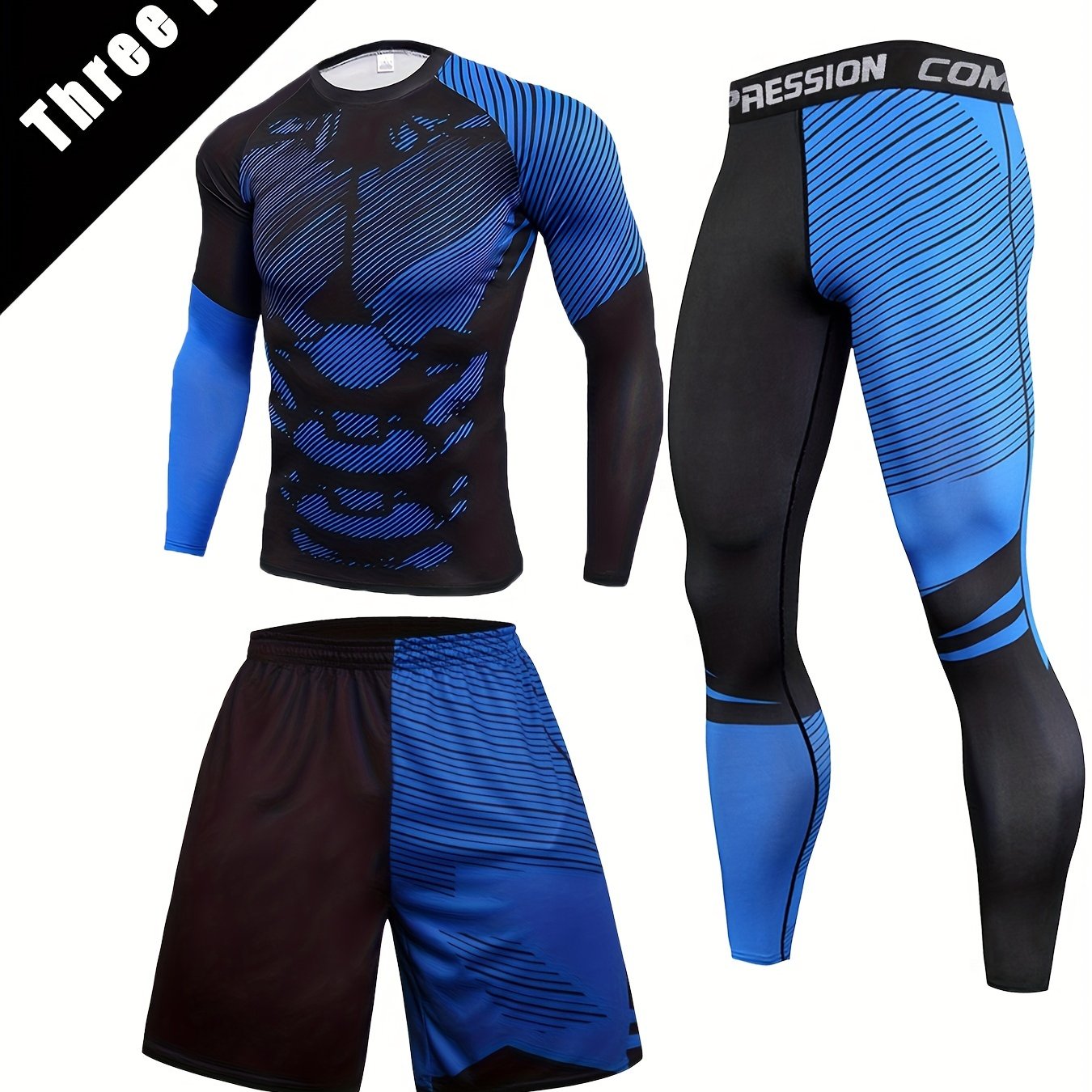 Men's Quick-Drying Sports Suit 3-Piece Long Sleeve Compression T-Shirt Shorts Leggings