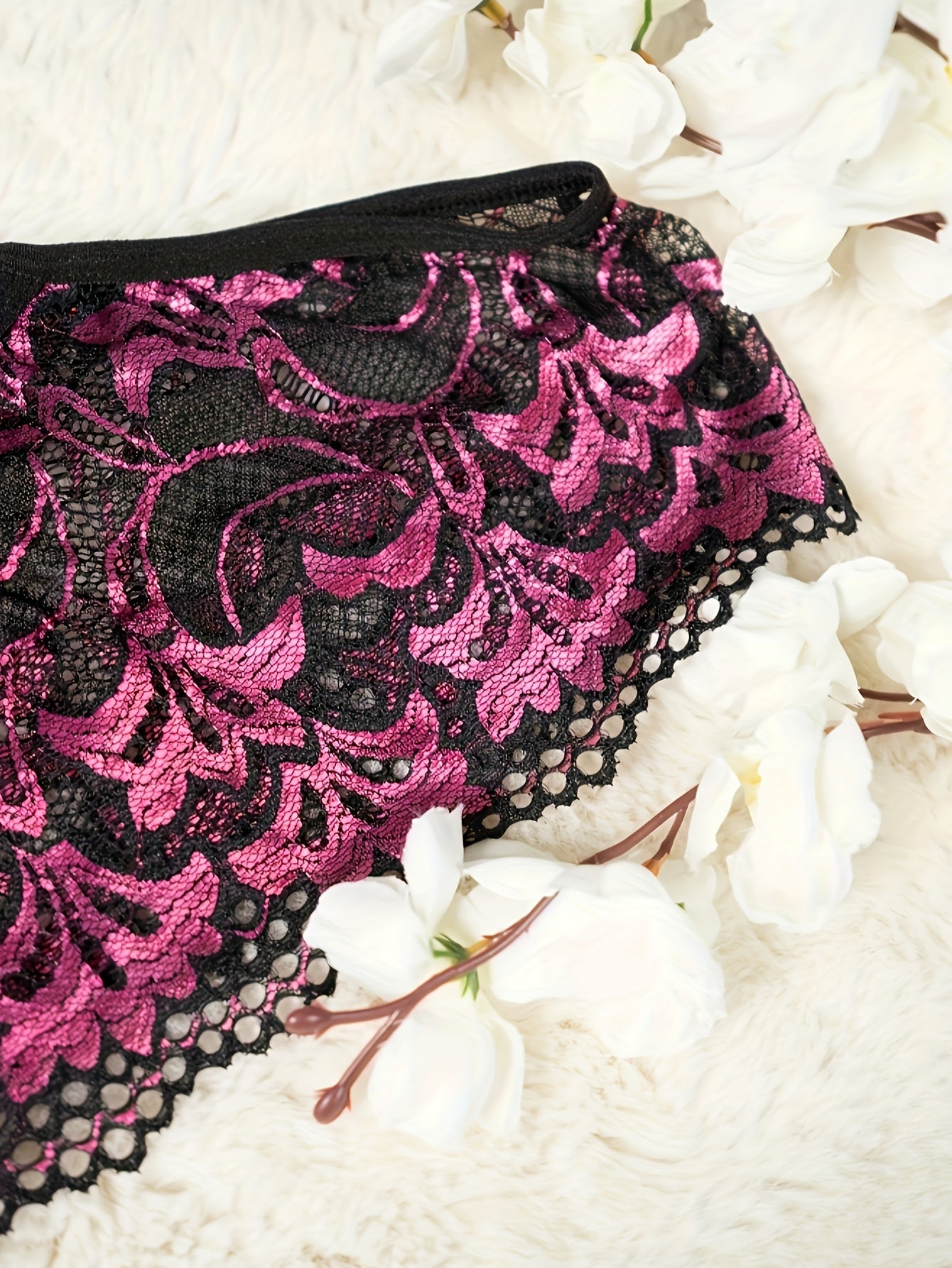 Plus Size Women's Sheer Lace Floral Thong with Heart Design Breathable