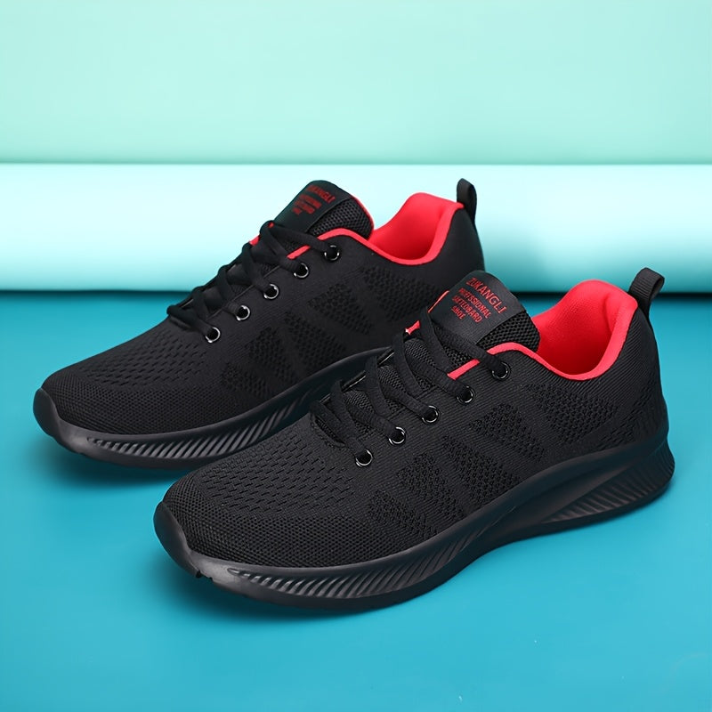 Men's Breathable Mesh Sneakers with MD Sole Low Top Casual All-Season Black White Red