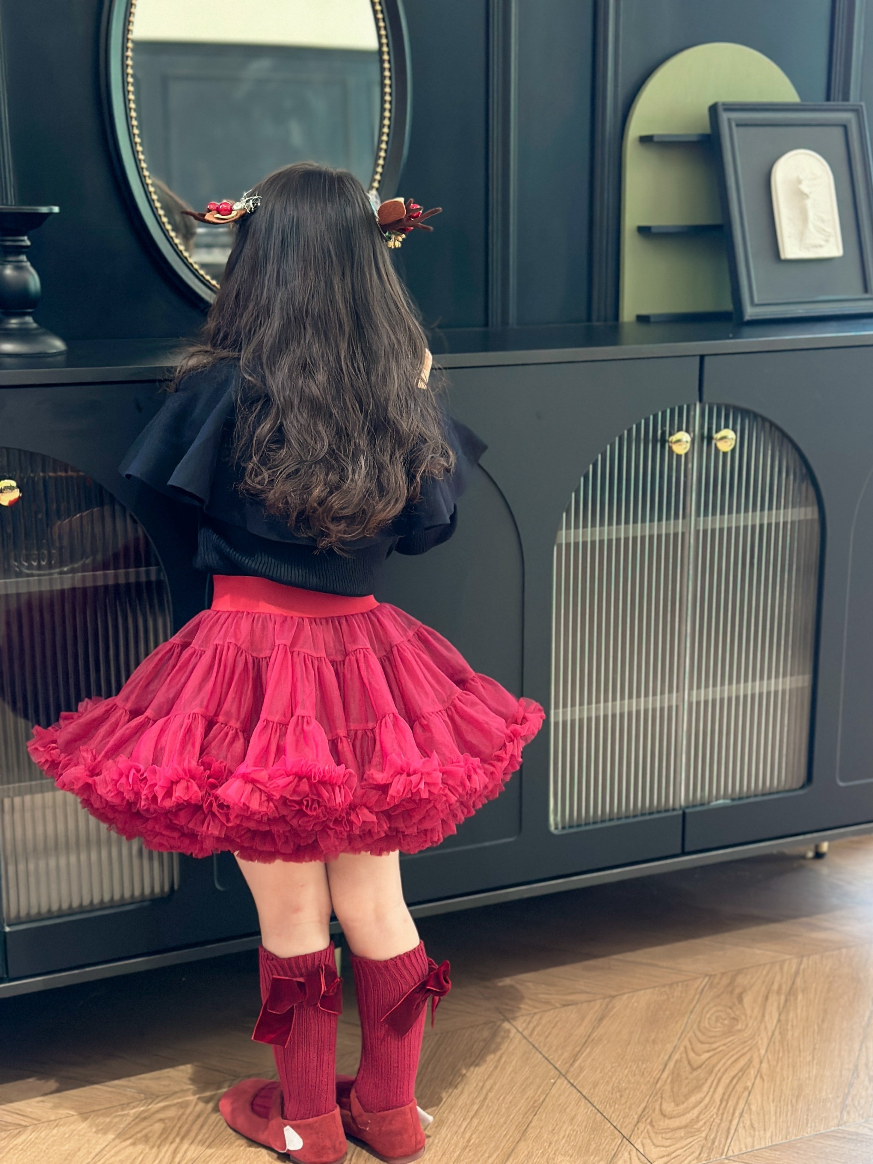 Girls' Princess Skirt in Wine Red Baroque Style with Tulle Overlay for All Seasons