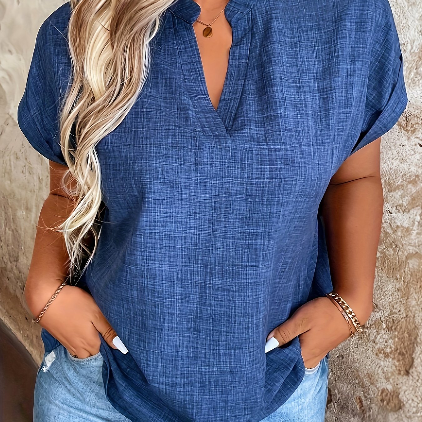 Women's Blue V-Neck Blouse with Batwing Sleeves for Spring Summer