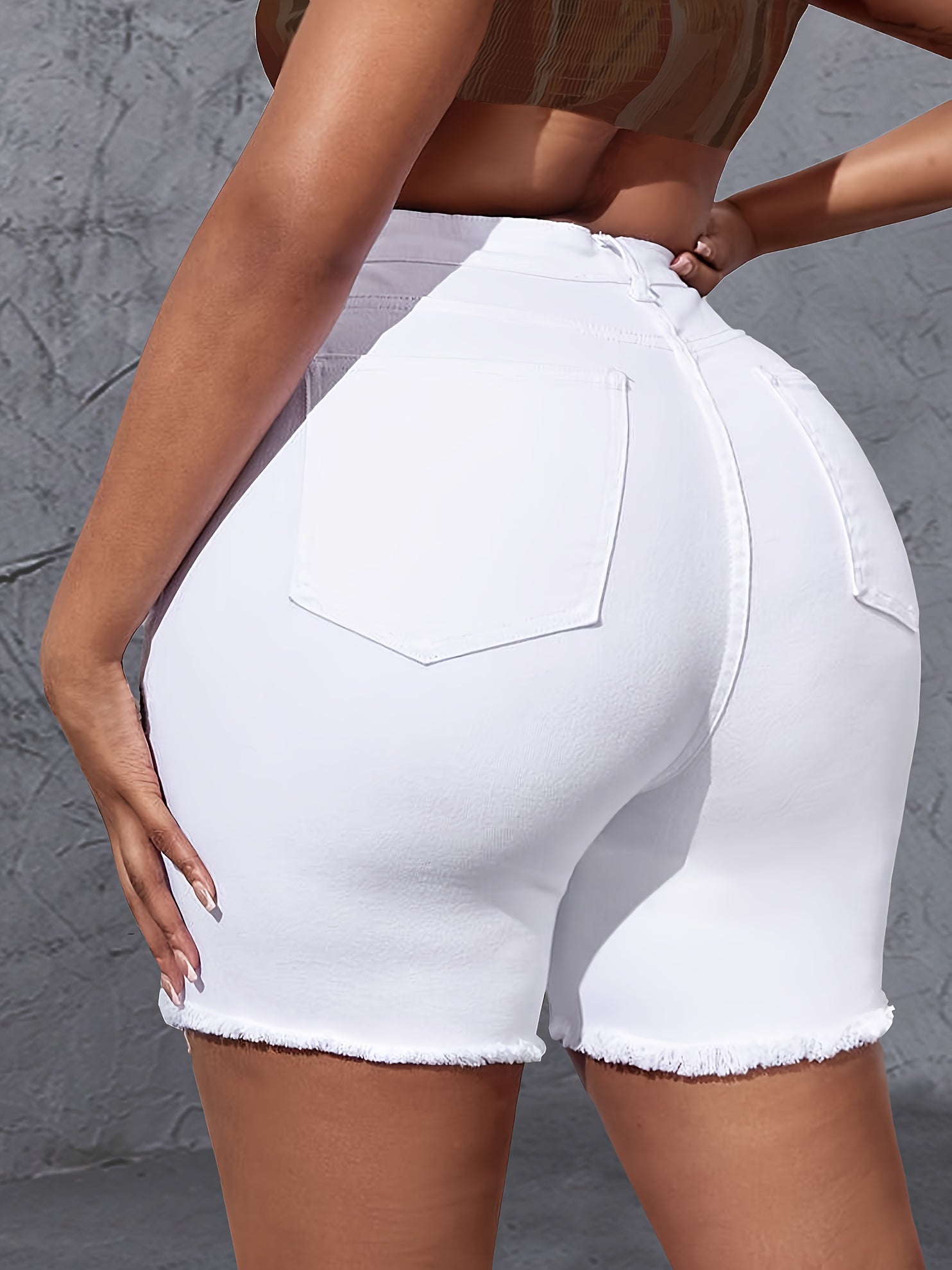 Plus Size White Ripped Denim Shorts for Women Stretchy Spring Summer