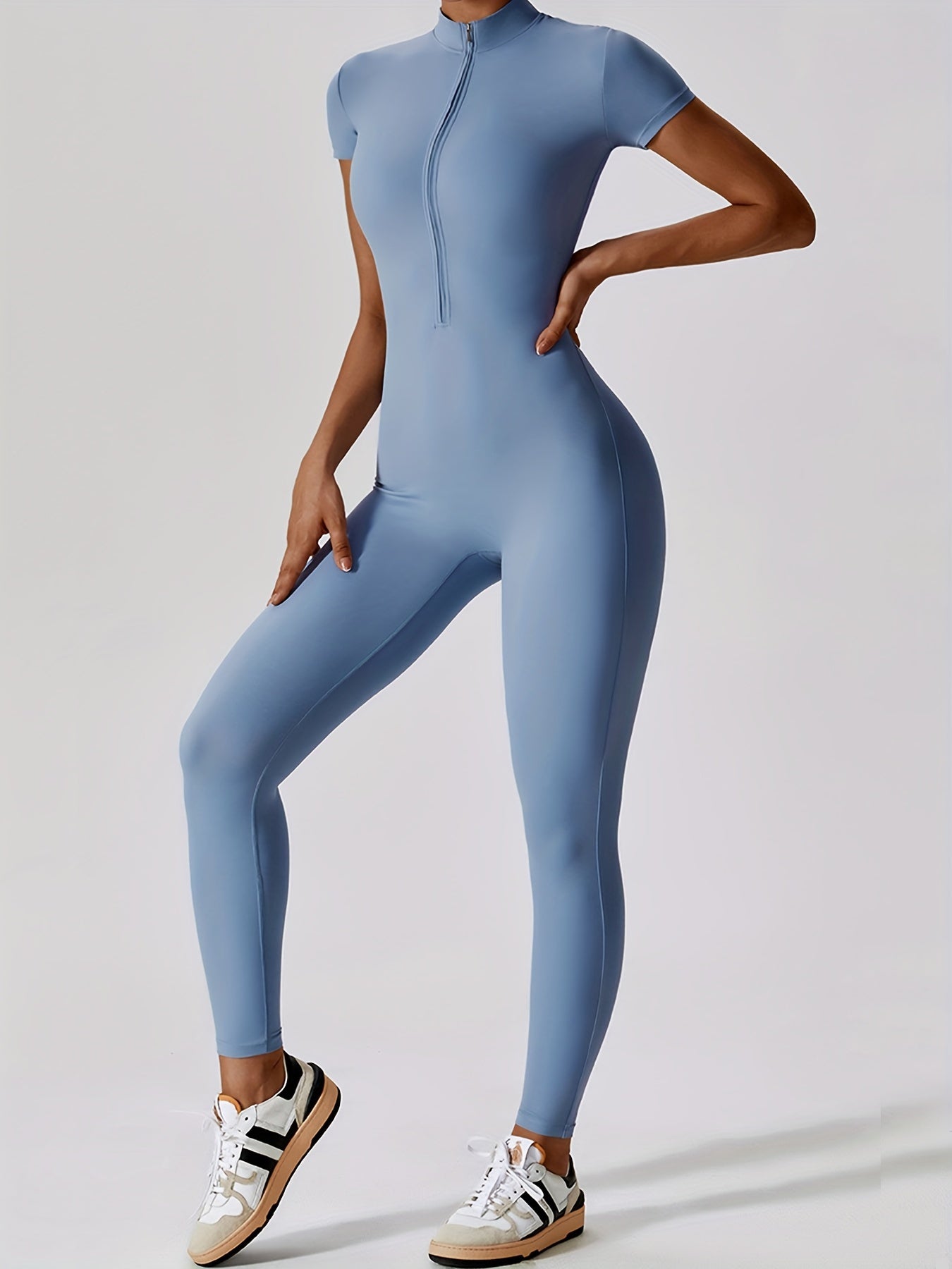 Women's Zip-Front Short Sleeve Jumpsuit Nylon High Stretch for Yoga Fitness and Dance