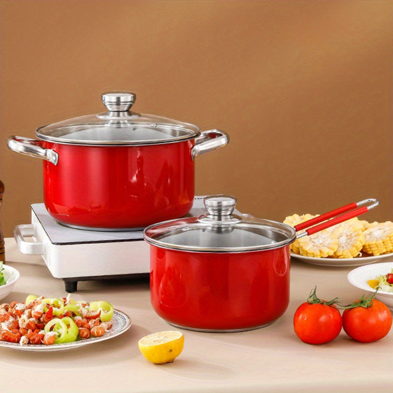 Set of 5 Stainless Steel Red Pots and Pans Kitchen Cookware Set with Milk Pan Frying Pan Soup Pan