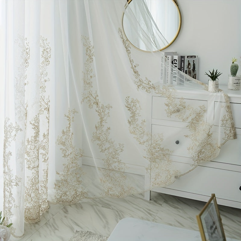 Golden Thread Embroidery Sheer Curtain for Living Room and Bedroom European Style Voile Window Treatment