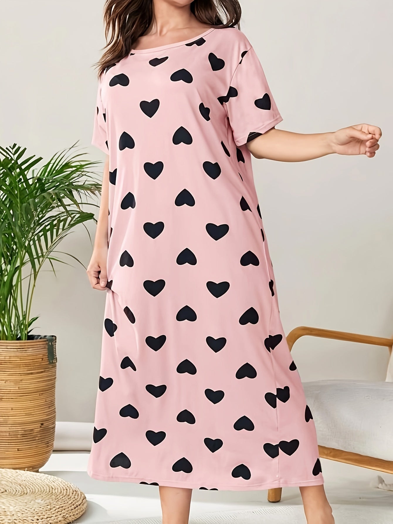 Women's Plus Size Heart Print Short Sleeve Sleep Dress