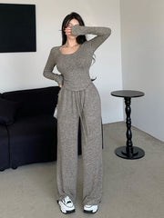 Women's Fall Winter Polyester Crew Neck Top and Loose Fit Pants Loungewear Set