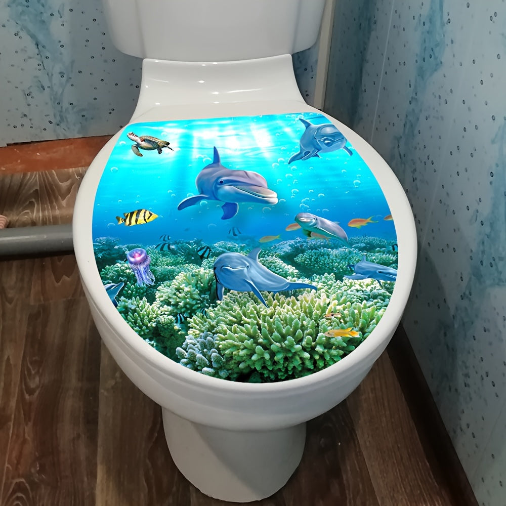 Cartoon Shark and Turtle Bathroom Sticker Matte Finish Self-Adhesive Toilet Lid Decal