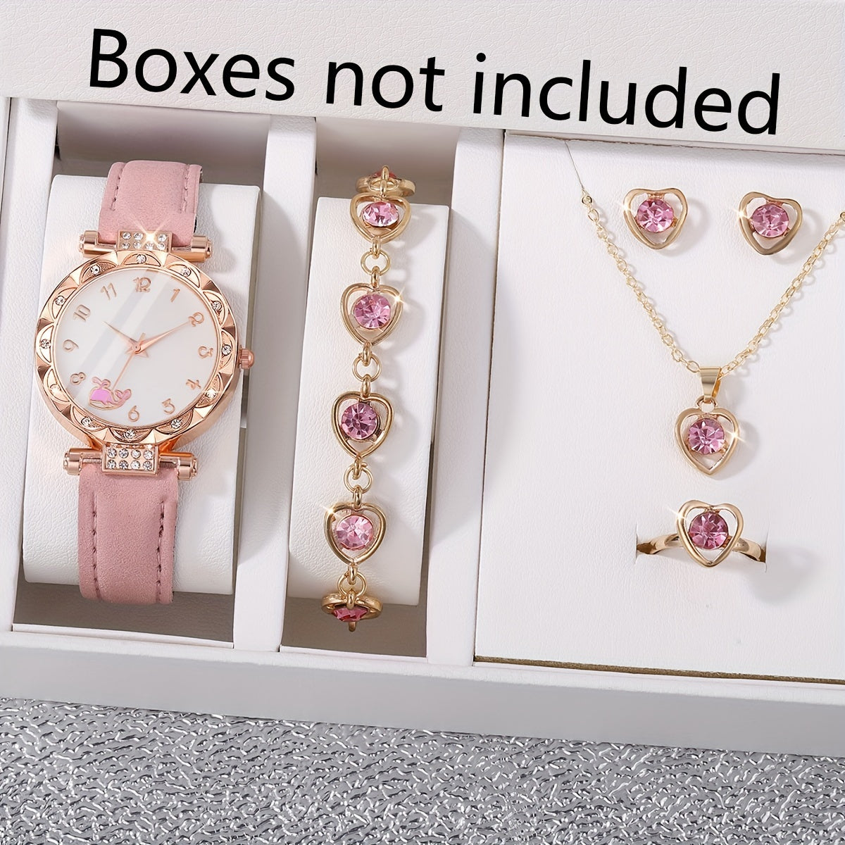 6 ta ayollar moda soatlari va zargarlik buyumlari to'plami, pushti faux charm, rhinestone aksessuarlar