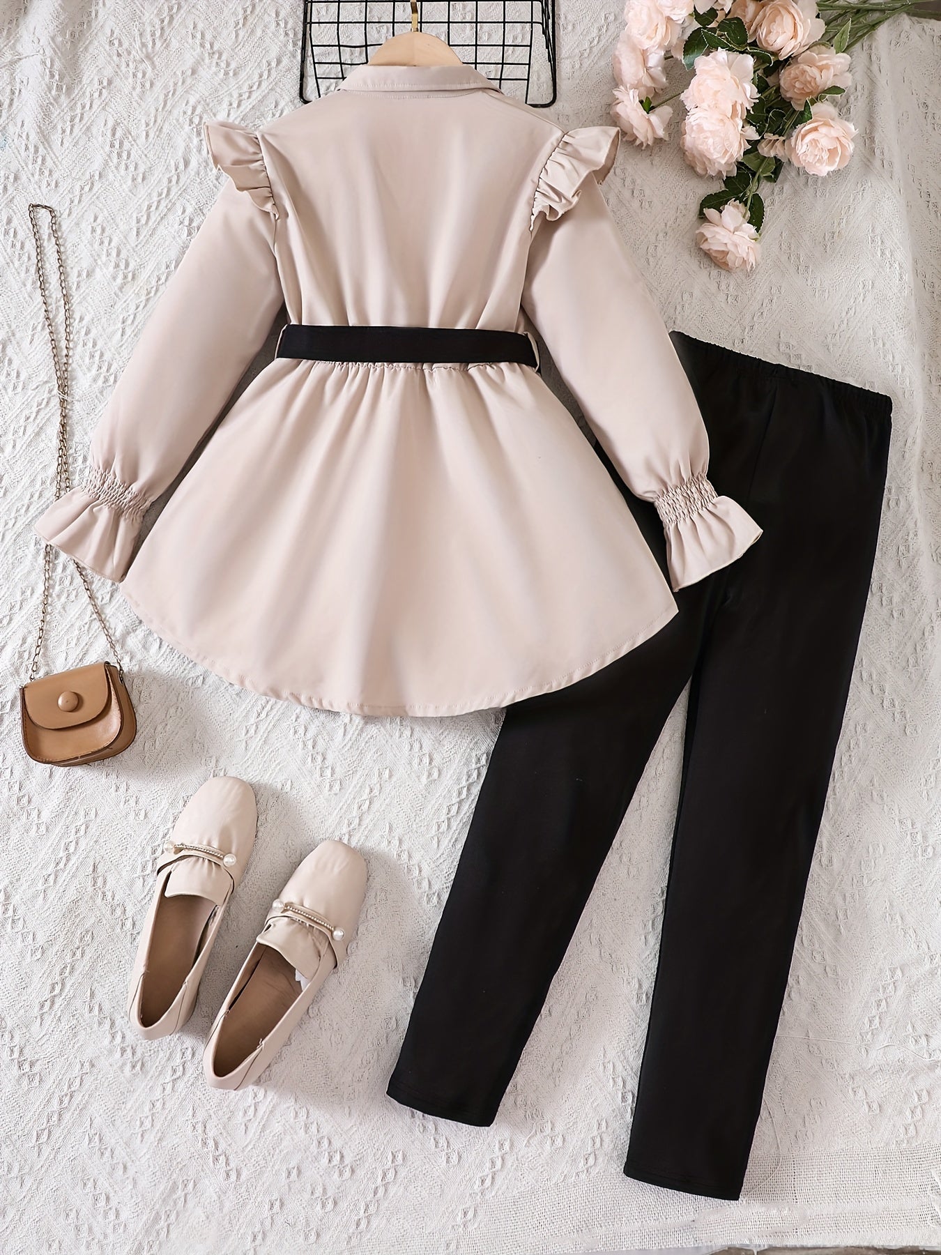 Girls Fall Outfit Set with Bell Sleeve Shirt and Black Leggings for Kids