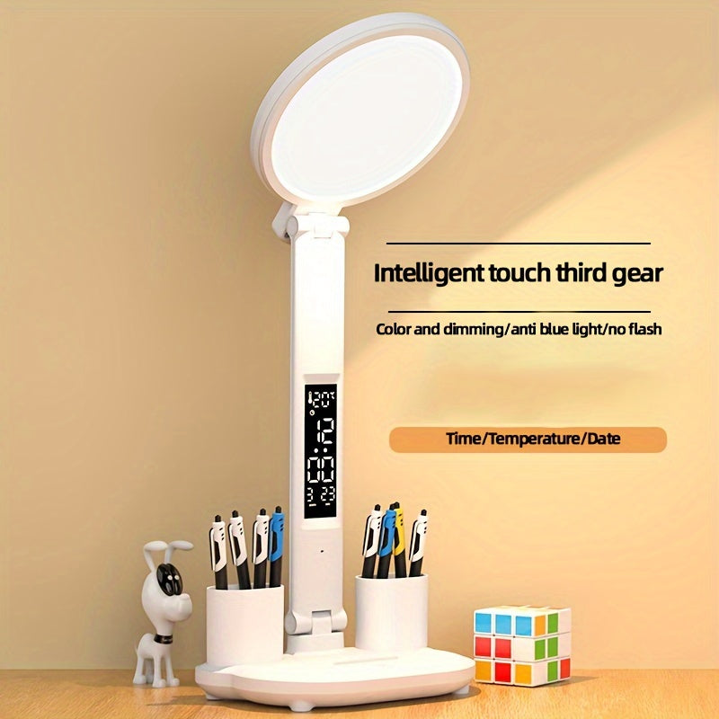 LED Desk Lamp with Eye Protection, Touch Control, Foldable Design, Built-in Fan for Reading in Bed