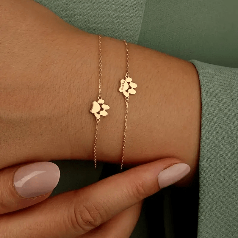 Personalized Stainless Steel Cat Paw Bracelet with Names Bohemian Pet Keepsake Gift