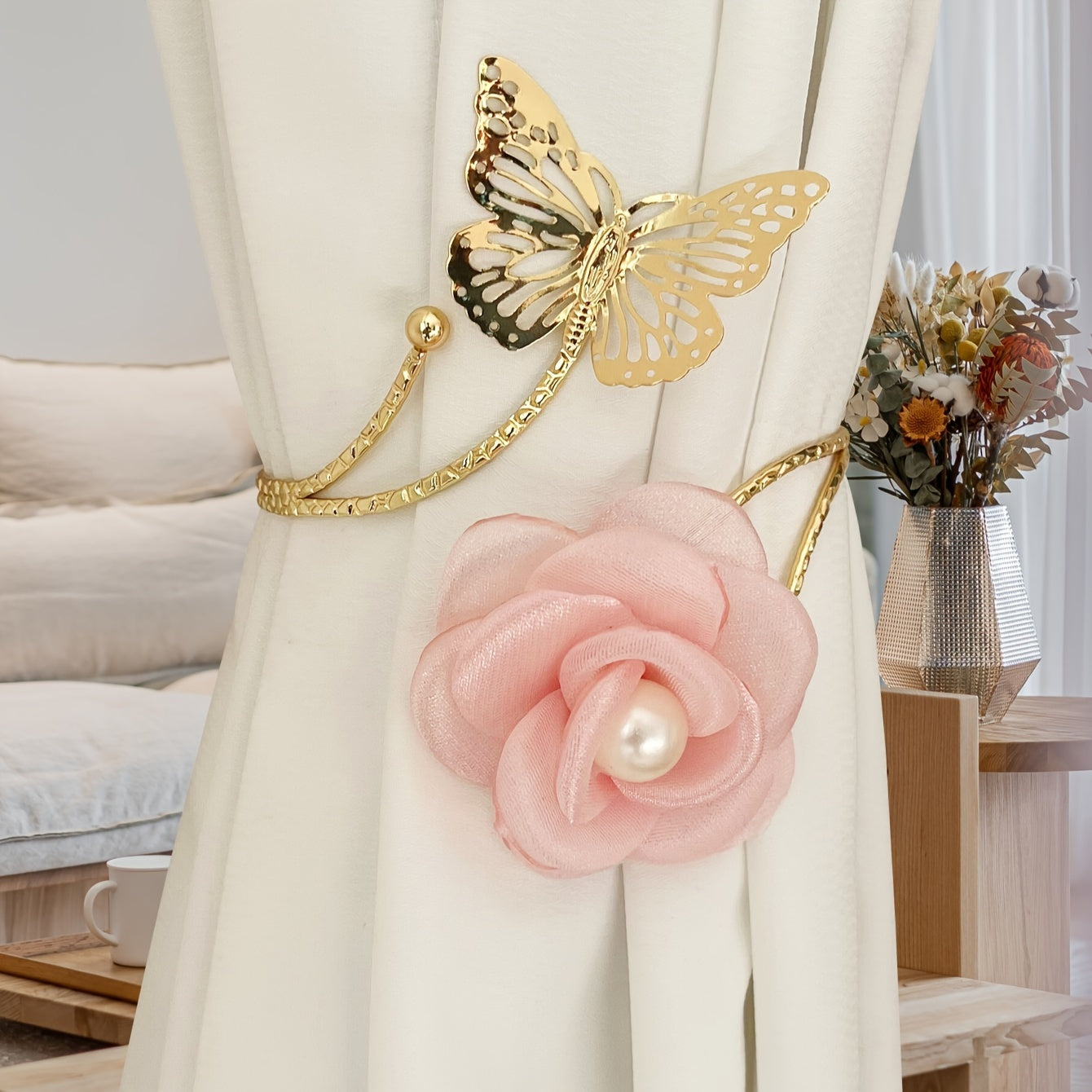 3D Butterfly Flower Faux Pearl Curtain Tieback Decorative Curtain Holder for Living Room Bedroom