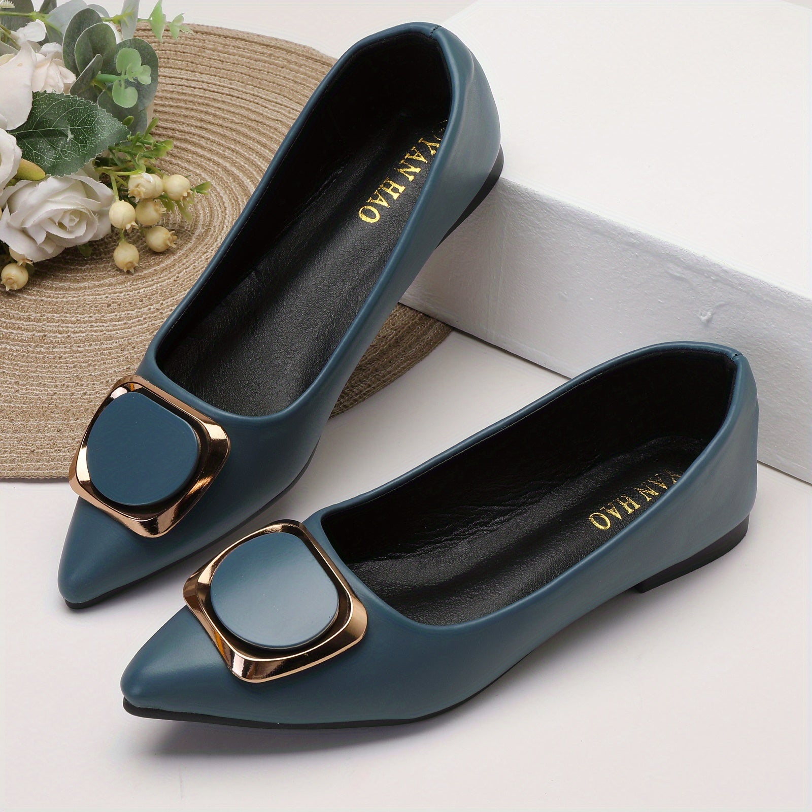 Women's Pointed Toe Mary Jane Flats Summer Slip-On Ballet Shoes with Gold Ring