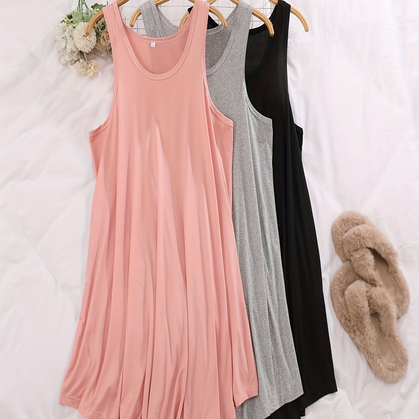 Women's Sleeveless Cotton Nightgowns 3-Pack Solid Color Sleep Dresses