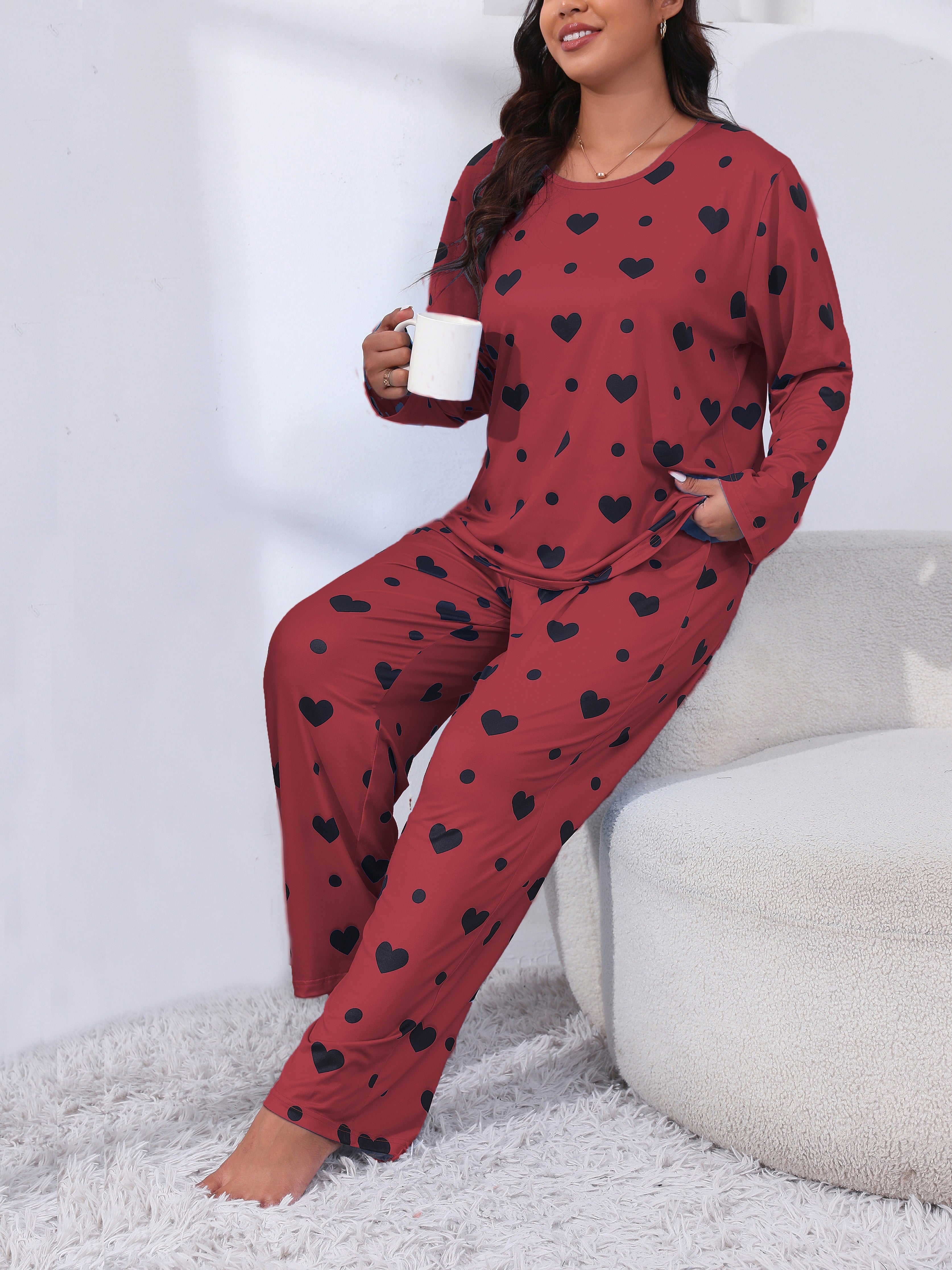 Plus Size Women's Pajama Set Long Sleeve Heart Print Lounge Two Piece