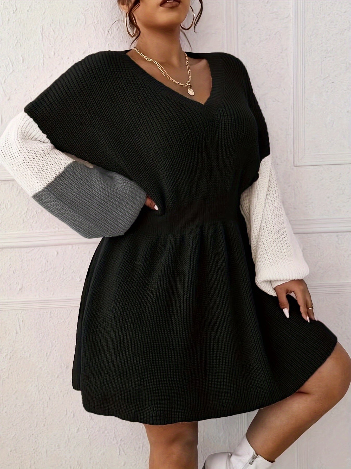 Plus Size Color-Block Long-Sleeve Dress for Women Casual Everyday