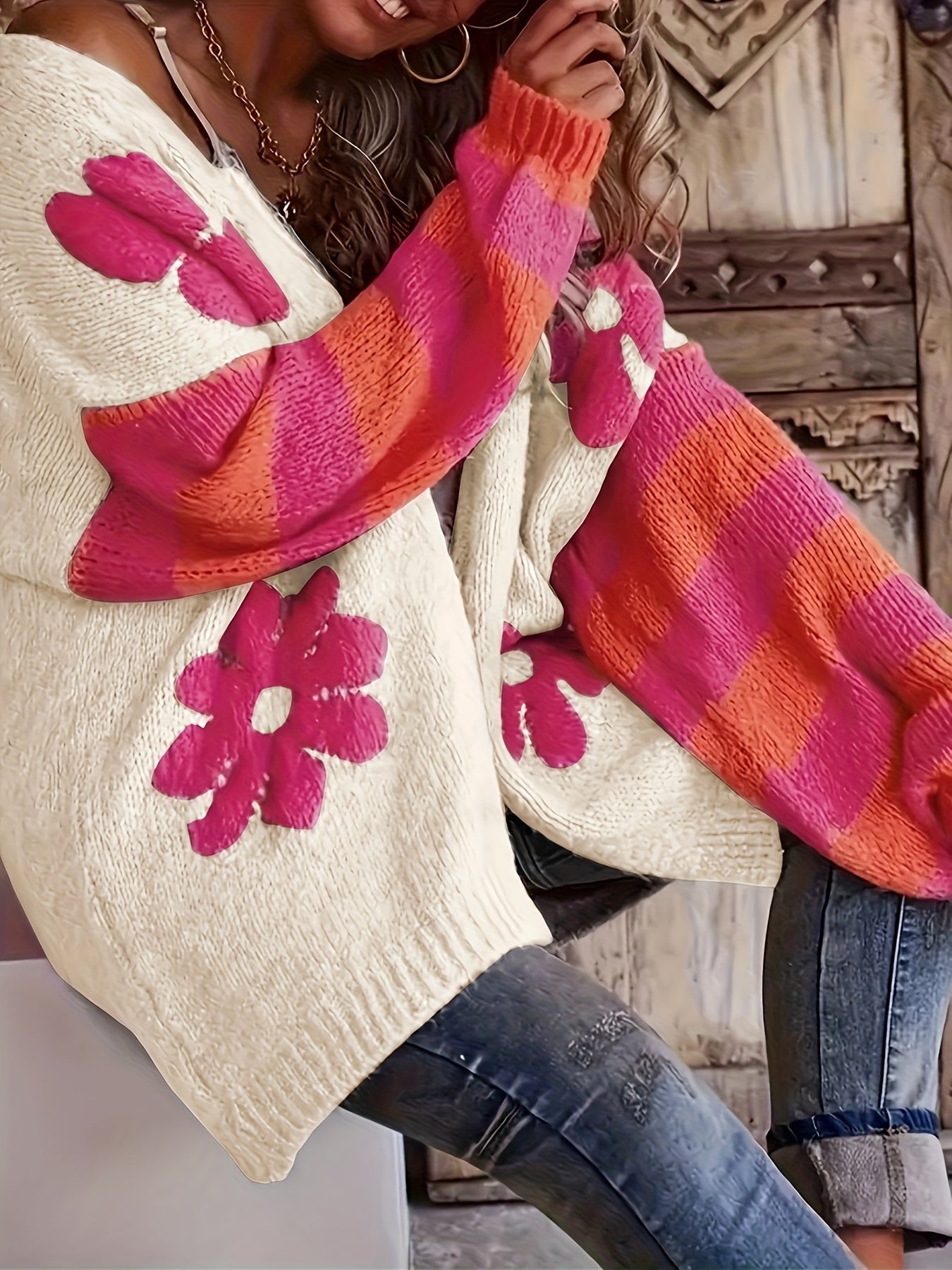 Кардиган женский в крупном размере, вязаный, с длинным рукавом, открытая передняя часть, с цветочным принтом, пастельные оттенки розового и оранжевого