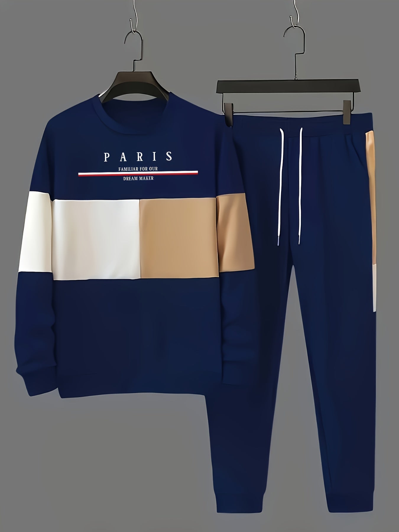 Men's Polyester Casual Clothing Set with Round Neck Top and Drawstring Sweatpants