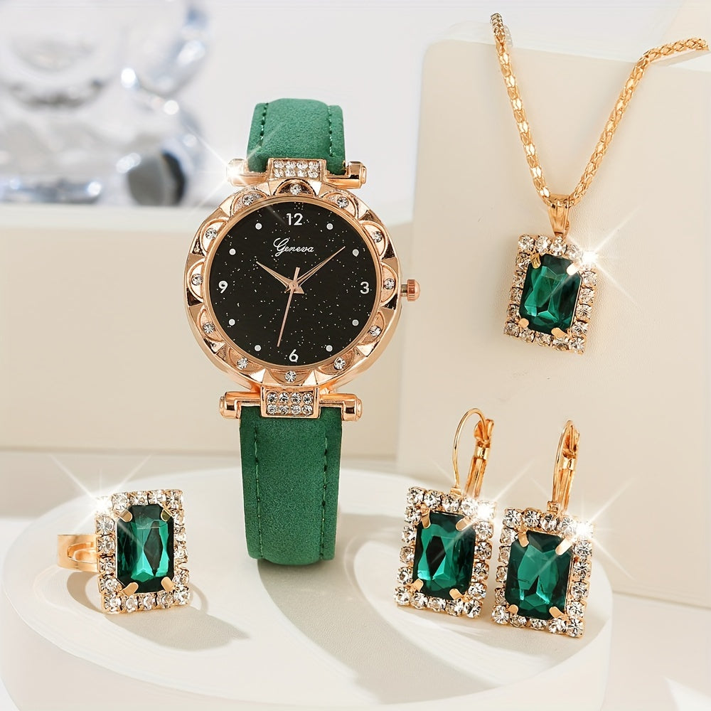 Set of 5 Starry Rhinestone Quartz Watches with PU Wristbands and Synthetic Gem Jewelry Set