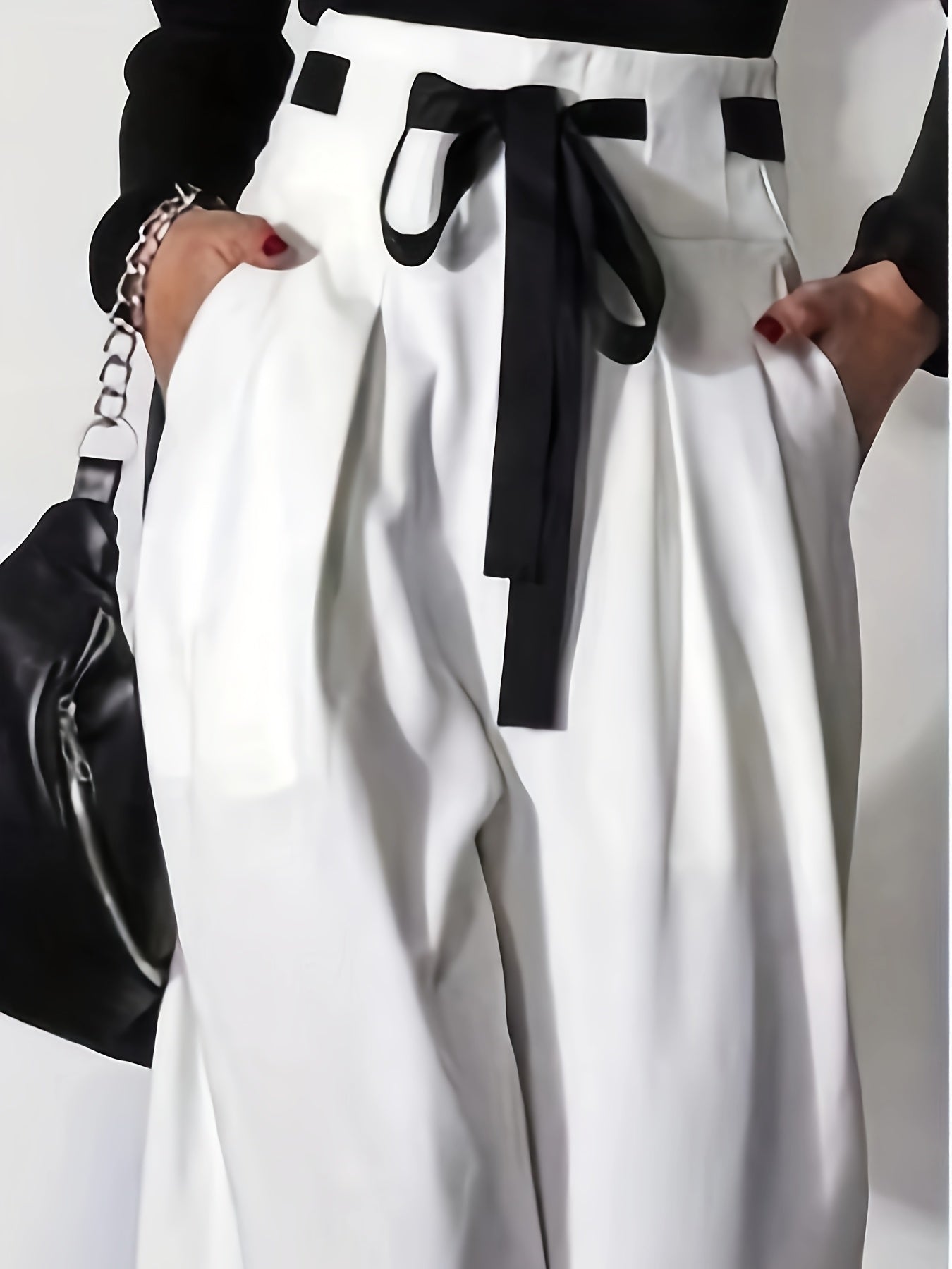 Women's Wide Leg Pants with Zipper Fly Contrast Waist Belt Solid Color Spring Fall Elegant