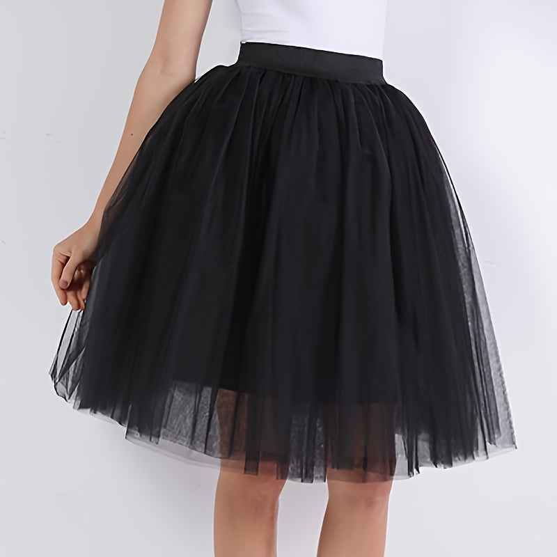 Women’s Mesh Ballet Skirt Mid-Length Tutu Pleated Dance Skirt Solid Colors