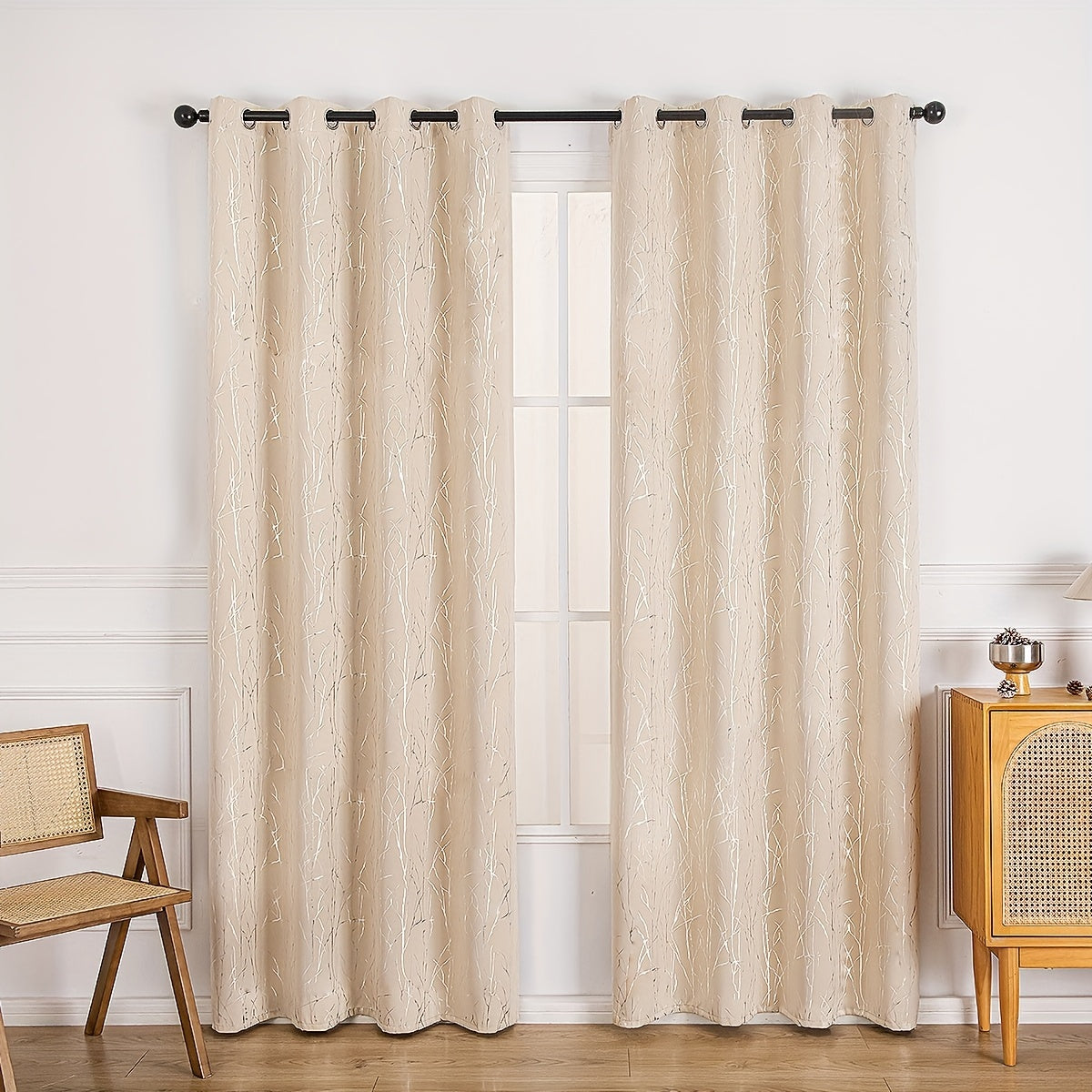 Blackout Curtain with Gold and Silver Tree Branch Pattern for Bedroom Living Room Office