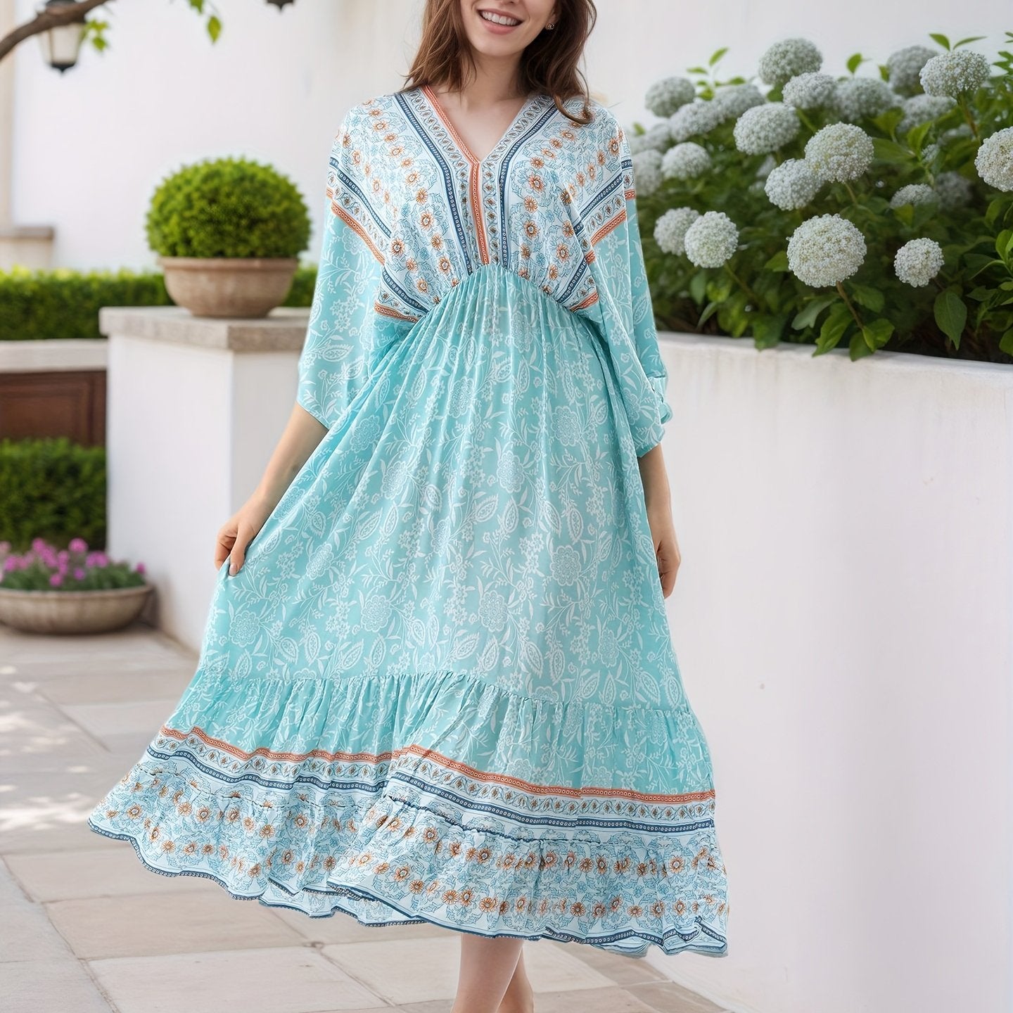 Plus Size Women's Bohemian Maxi Dress Vibrant Orange Blue Floral V-Neck