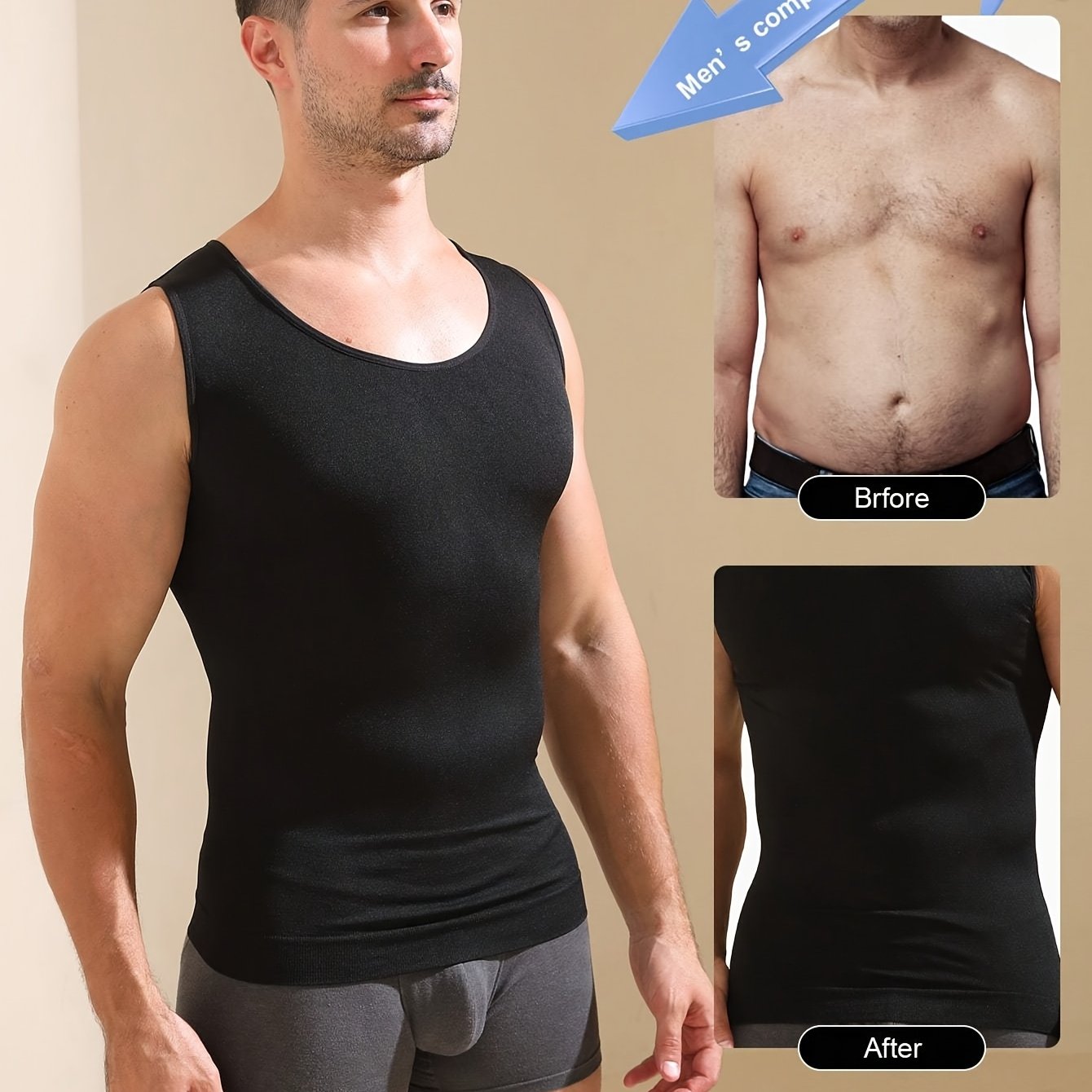 Men's Compression Tank Top High Stretch Knit Crew Neck Sleeveless Tummy Control Moisture-Wicking